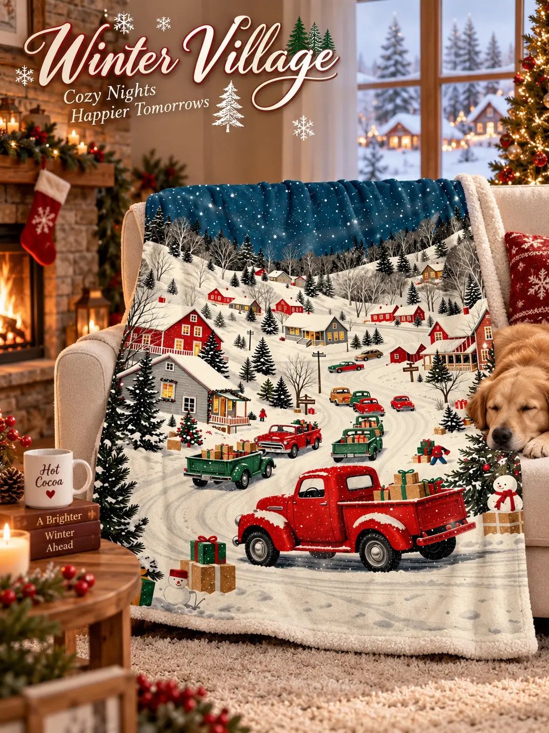 Christmas Flannel Blankets & Throws Winter Village Pickup Truck Houses Pine Trees Snow Scene Bedding Sofa Couch Bed Living Room Bedroom Home Decor Fireplace Cabin Lounge Nap Holiday Gift for Family Friends Housewarming Occasion Reading Movie Night