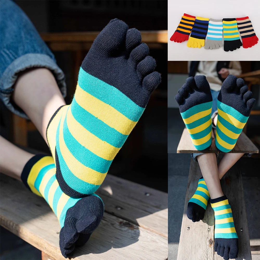 1 Pair Men's Casual Socks Cotton Striped Colorful Anti-Bacterial Breathable Soft 5 Finger Socks Ankle Boat Toe Sport Socks