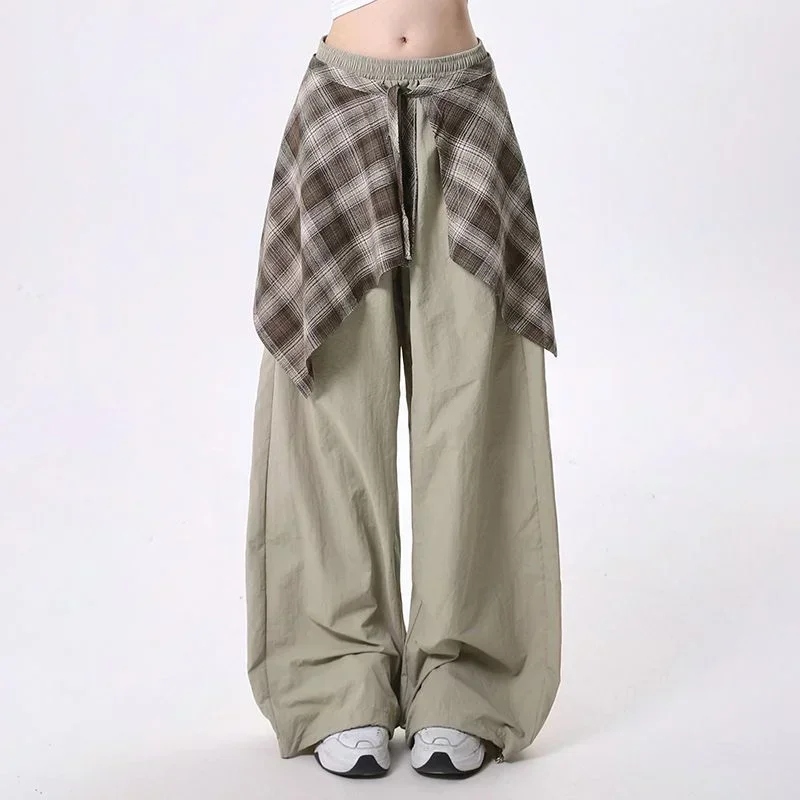 Casual Women's Fall Cargo Pants with Color Block Plaid Skirt Hem Design Loose Fit Jazz Dance Long Trousers streetwear women