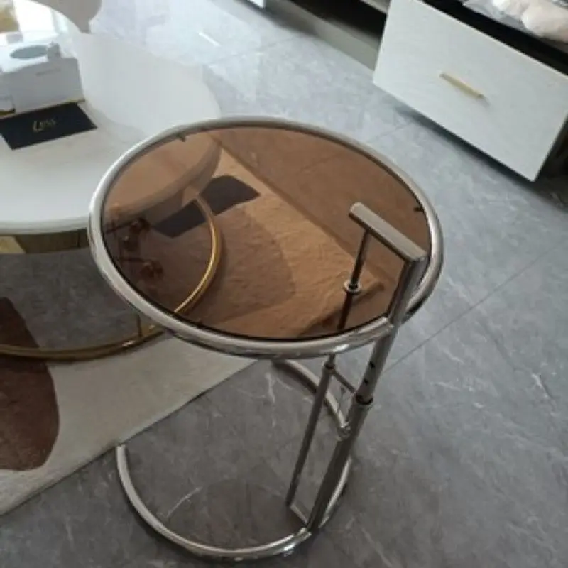 Side Table, Adjustable Height, Round Glass & Stainless Steel, with Casters, for Sofa & Bedside, Space-Saving, Sturdy & Portable
