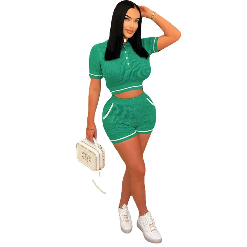 Knit Ribbed Crochet 2 Piece Set Women\'s Short Sleeve Top and Shorts Matching Streetwear Stretch Outfits