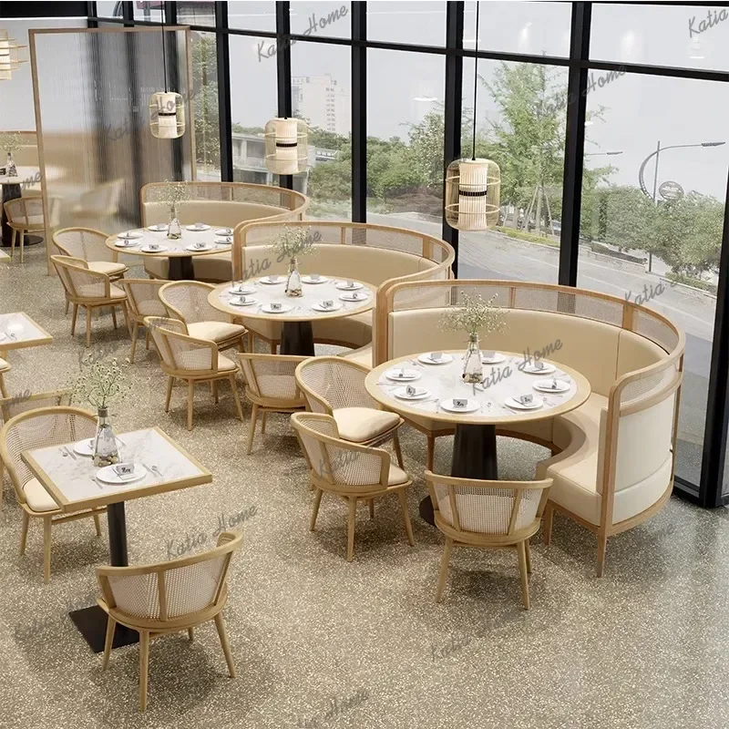 ld Nordic Solid Wood Restaurant Dining Table Chair Modern Design Rattan-Woven Bench Catering Store Home Furniture