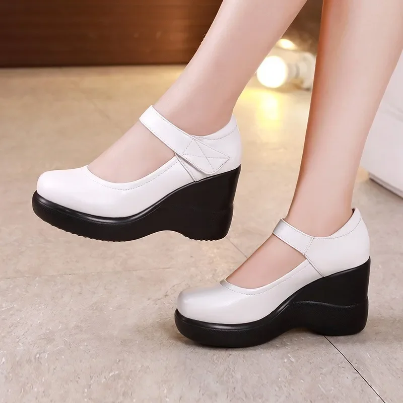 Round Head High Heel Wedges Waterproof Platform Single Shoes Muffin Thick Soled Middle-aged and Elderly Mother Shoes for Women