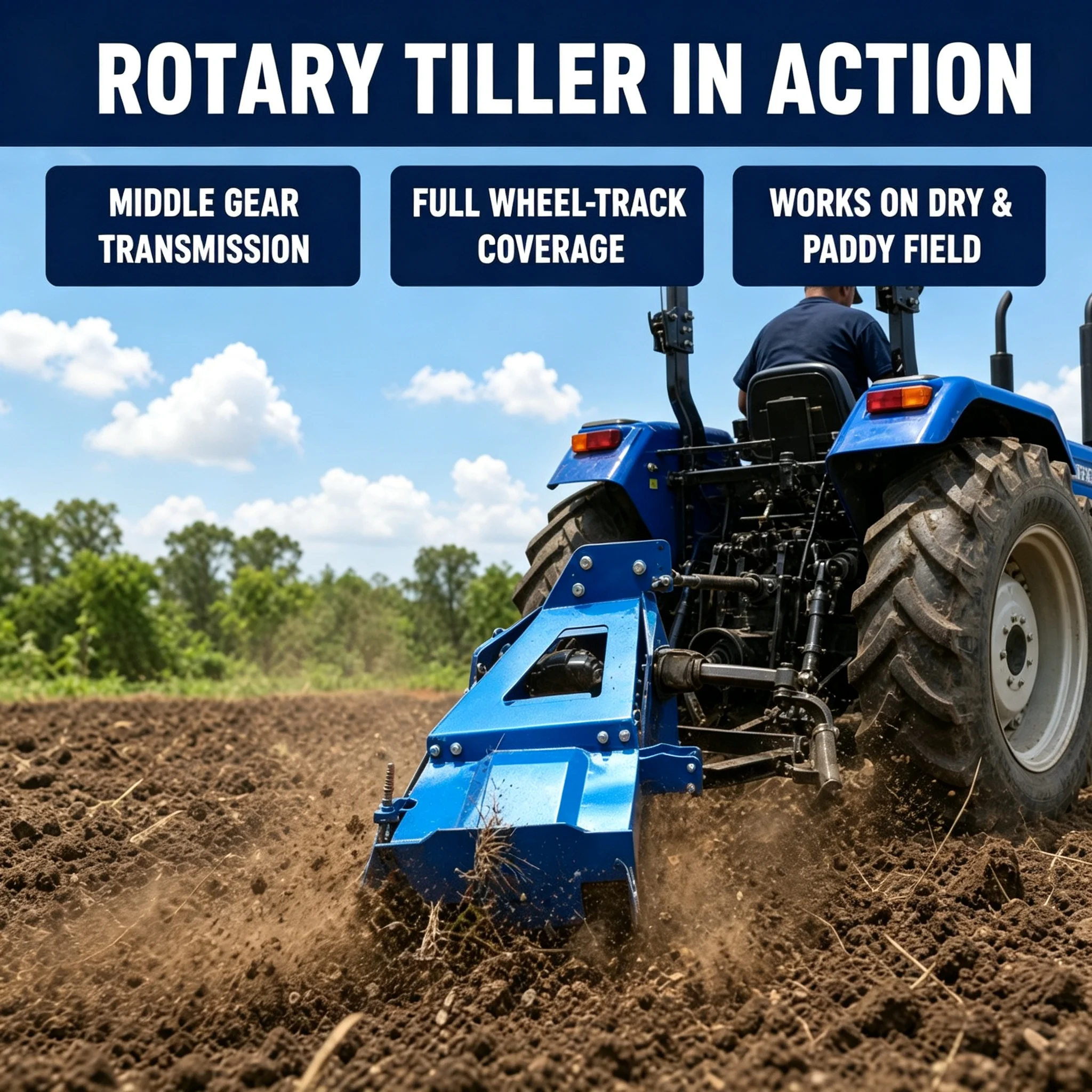 Rotary Tiller 1000-3000mm Working Width 120-180mm Depth Middle Gear Transmission 3-Point Hitch PTO 90HP Dry Paddy Field Soil