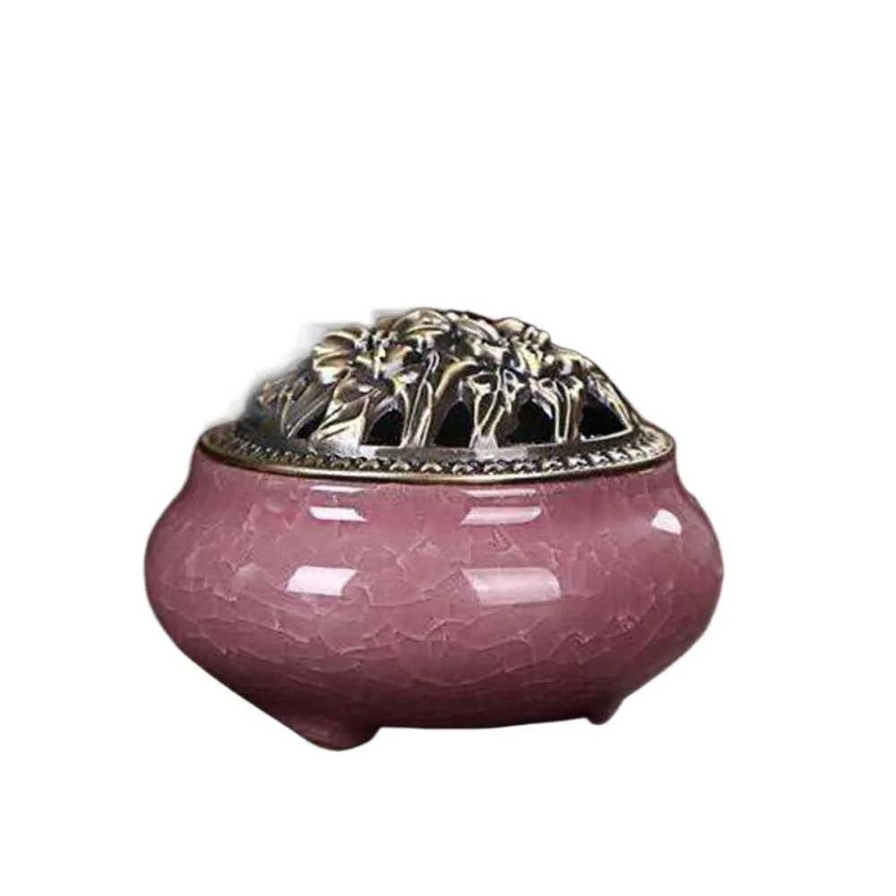 New Ceramic Incense Burner Copper Cover Antique Alloy Incense Plate Ice Crack Aroma Burner Home Decoration