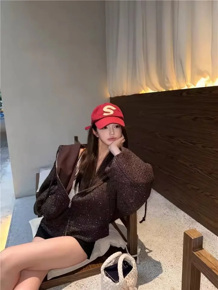 

Retro Mini-sparkle Hooded Long-sleeved Sweatshirt Jacket Women's Autumn Loose Cardigan Top Coffee Commute Hoodie Outwear 2XL