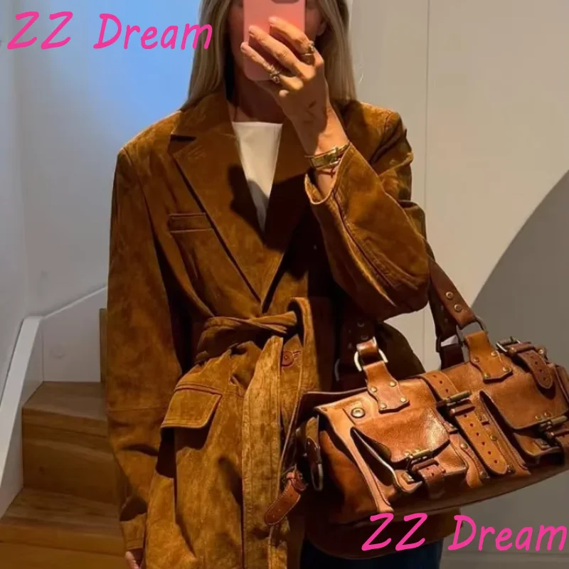 Women's Suede Jacket Solid Turn-Down Collar Long Sleeve Coats Waistbelt Pockets Female 2025 New Autumn Fashion Casual Outwears