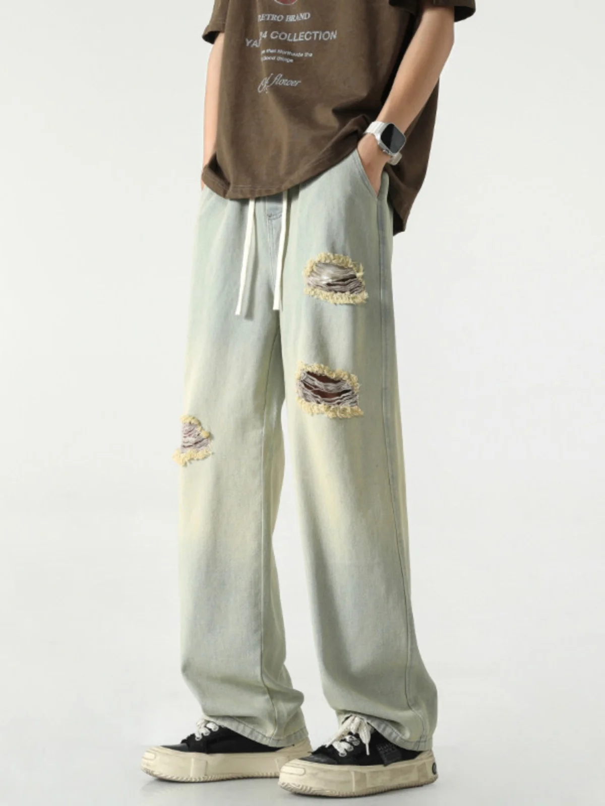 

Мужские прямые джинсы в стиле Distressed American Vibe, тренд High Street, свободный крой Boyfriend, летние, классический синий деним