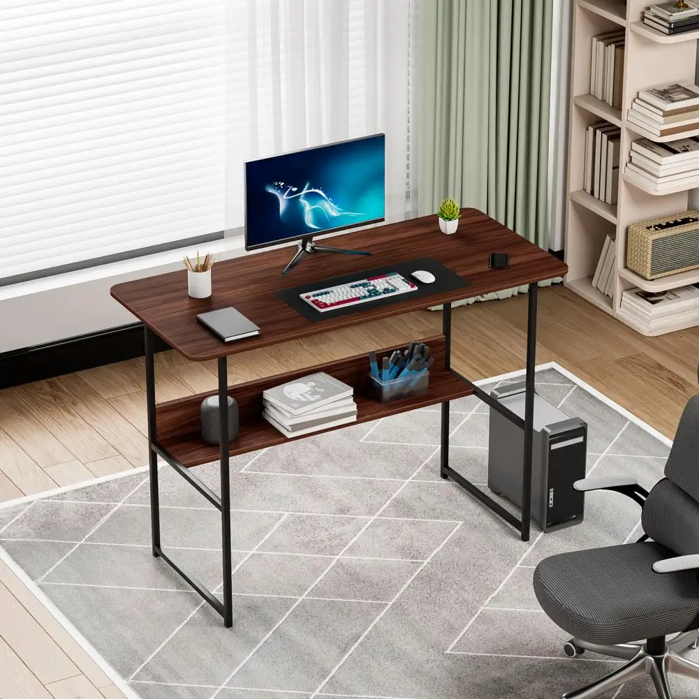 Home Office Writing Small Desk Study Computer Desk Bedroom Student Study Table Simple Style PC Table Black Metal Frame, Brown