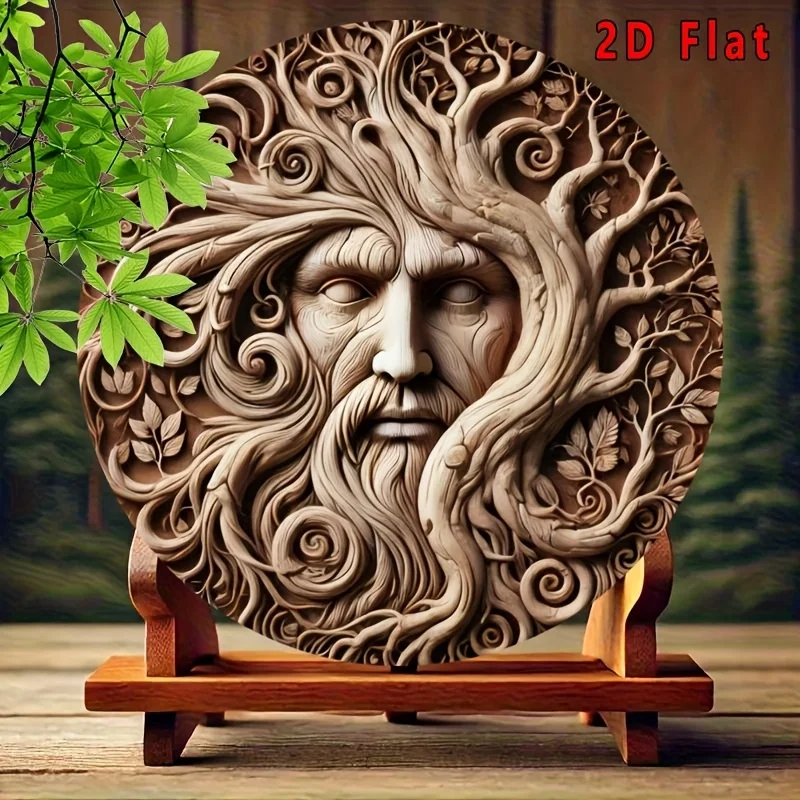 2D flat Round Metal Tin Sign 20x20cm Tree Man Elder Face Nature Art Rustic Forest Themed Wall Hanging Plaque For Farmhouse Decor