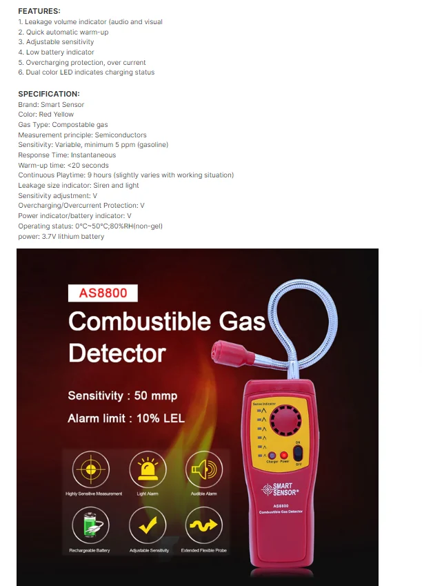 AS8800 gas detector Flammable Combustible gas Leak Detector digital gas analyzer monitor teste with rechargeable battery