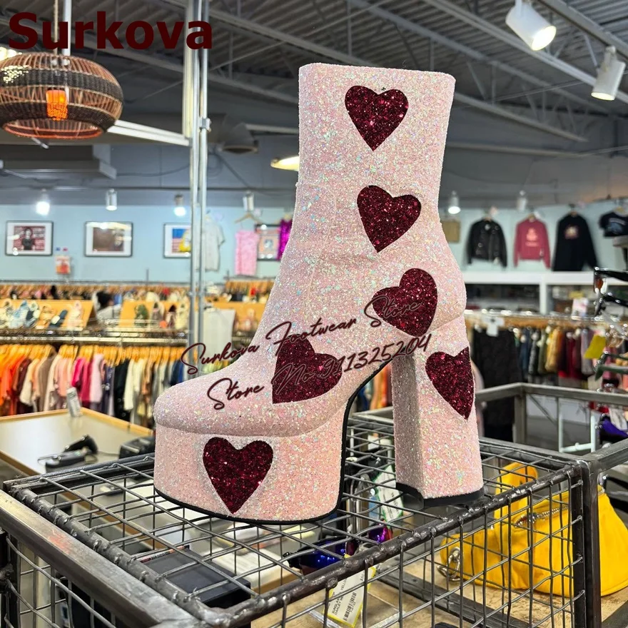 

Surkova Sweet Red Heart Bling Bing Ankle Boots Pink Glitter Sequined Chunky Heel Booties High Platform Patchwork Dress Shoes