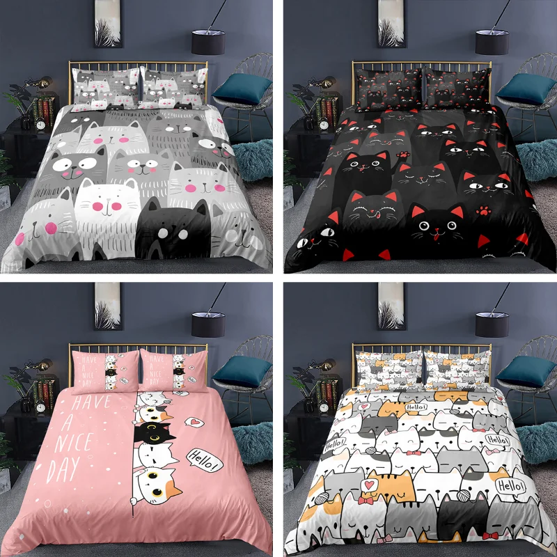 

Cartoon Cat Duvet Cover Set for Kids Girl Microfiber Kitten 2/3pcs Cartoon Animal Bedding Set Single Twin Queen King Quilt Cover