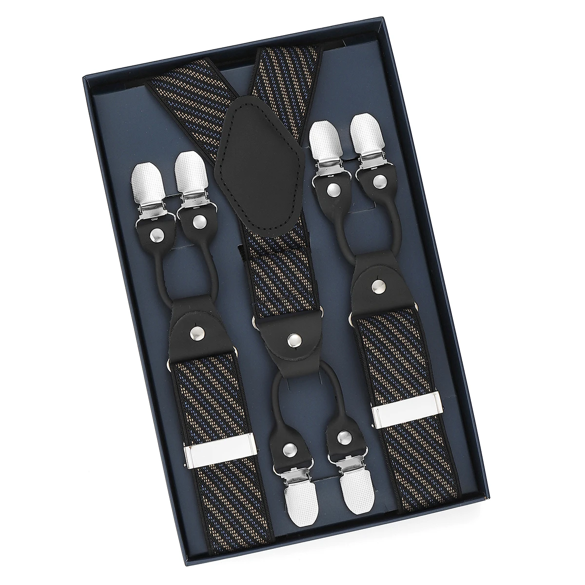 British Retro Navy Blue Pinstripe Style, Men's Gentleman Six-Button Suit Pants Accessory Non-Slip Suspenders.