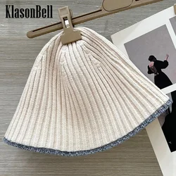 8.25 KlasonBell Women Classic Hand Beading Chain Decoration Wool Knit Caps Contrast Color Ribbed Keep Warm Casual Wide Brim Hat