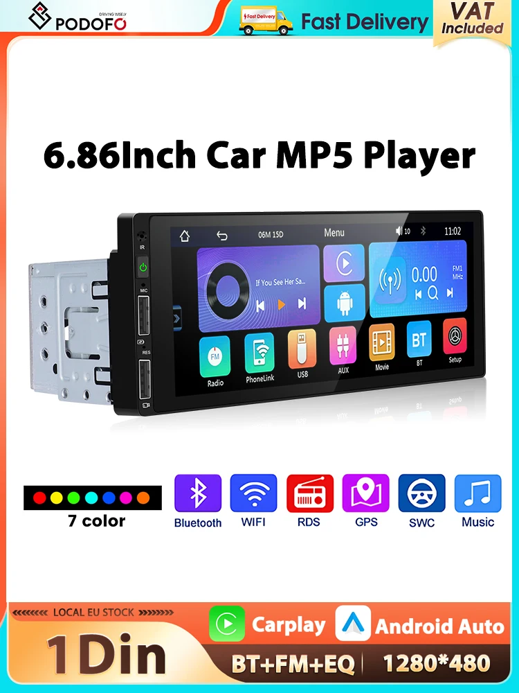 Podofo 6,86'' Kabelloses Carplay MP5/2+64G Autoradio 1Din Multimedia-Player Android Auto FM Mirror Link Bluetooth USB Auto-Audio