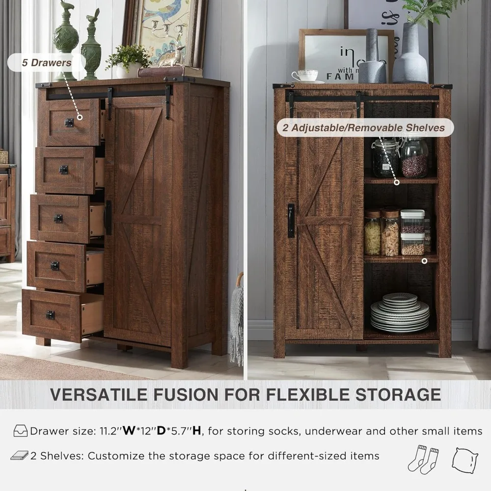 T4tream cômoda de 5 gavetas para quarto com porta deslizante de celeiro, cômoda moderna de fazenda alta 5 cômoda, organizador de armazenamento f