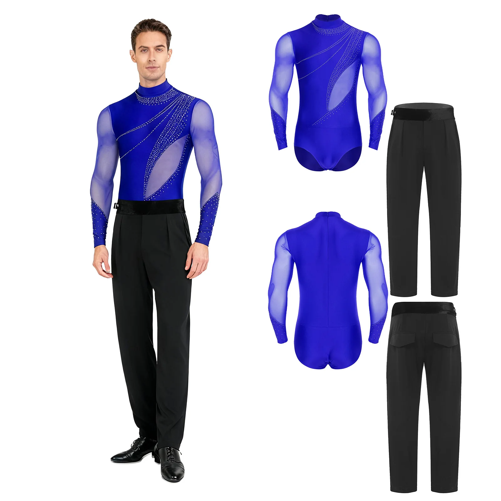 

Мужской костюм для латинских танцев ча-ча, костюм со стразами, сетчатый купальник с длинными рукавами и брюки, комплект для балета, румбы, танго