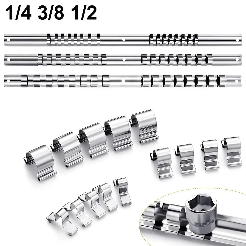 New 1/4 3/8 1/2 Inch Socket Storage Rack Stainless Steel With 16 Clips Socket Rack Socket Organizer Tray