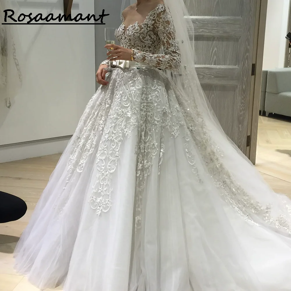 Роскошные милые свадебные платья трапециевидной формы с длинными рукавами Иллюзия 3D Аппликации Кружевные деревенские свадебные платья