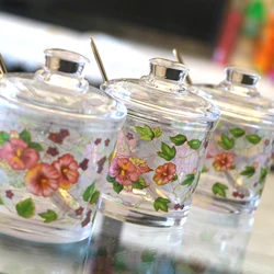 Glass Seasoning Jar Set with Lid Elegant Floral Seasoning Bottle Spoon Salt Sugar Storage Box Kitchen Salt Shaker Accessories