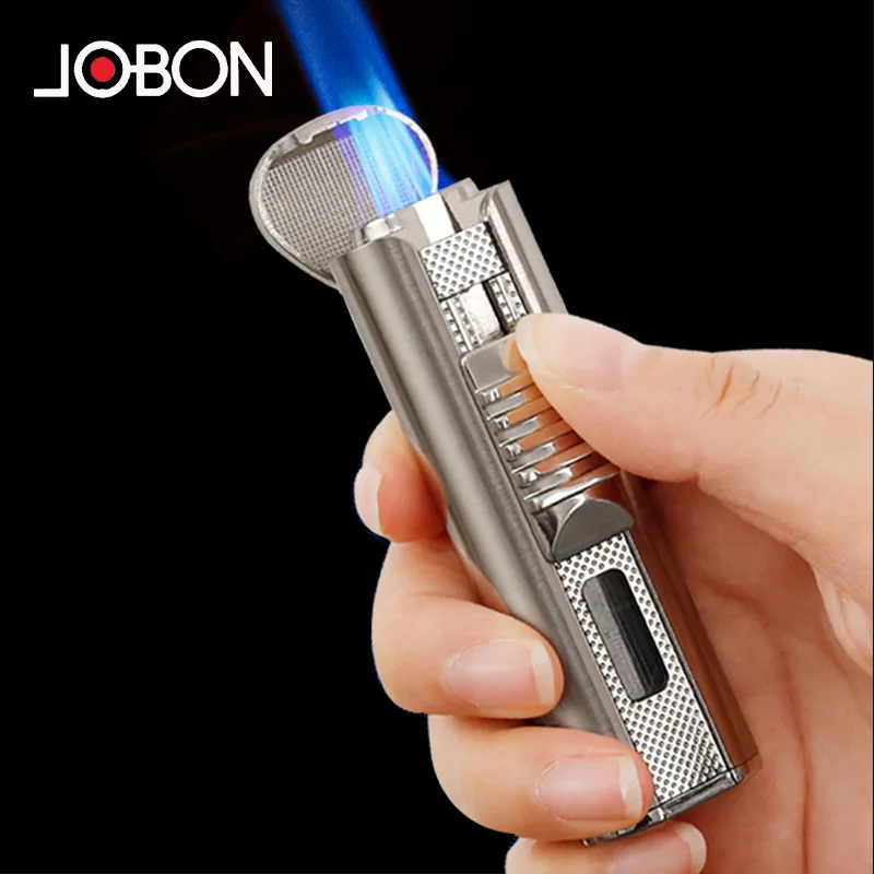 JOBON Outdoor Camping Windproof Butane Gas Lighter Turbo Powerful Torch 3 Blue Flame Jet Straight Metal Cigar Lighter Men\'s Gift