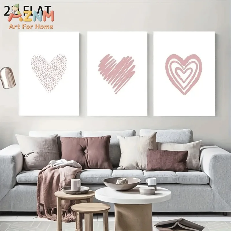 Unframed 3PCS Pink Hand Drawn Heart Canvas Wall Art Minimalist Sketch Love Shape Print Poster Home Bedroom Decor Canvas Painting