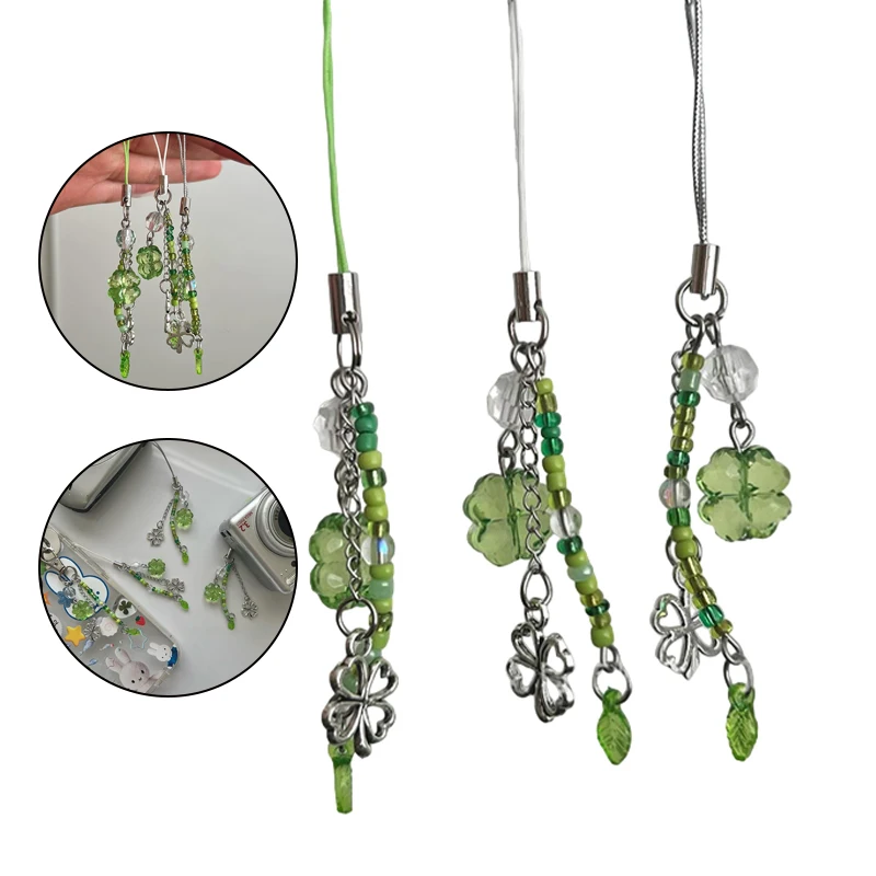 Cadena de teléfono con cuentas hecha a mano de 12cm, cadena de teléfono con tréboles de cuatro hojas de la suerte, llavero colorido, colgante CCD, accesorio para teléfono móvil