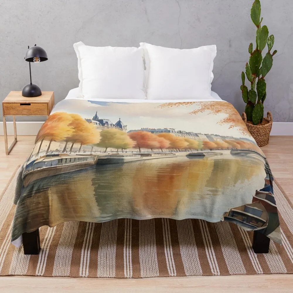 Autumnal Seine River with Golden Trees Throw Blanket Personalized Gift Luxury Thicken Blankets