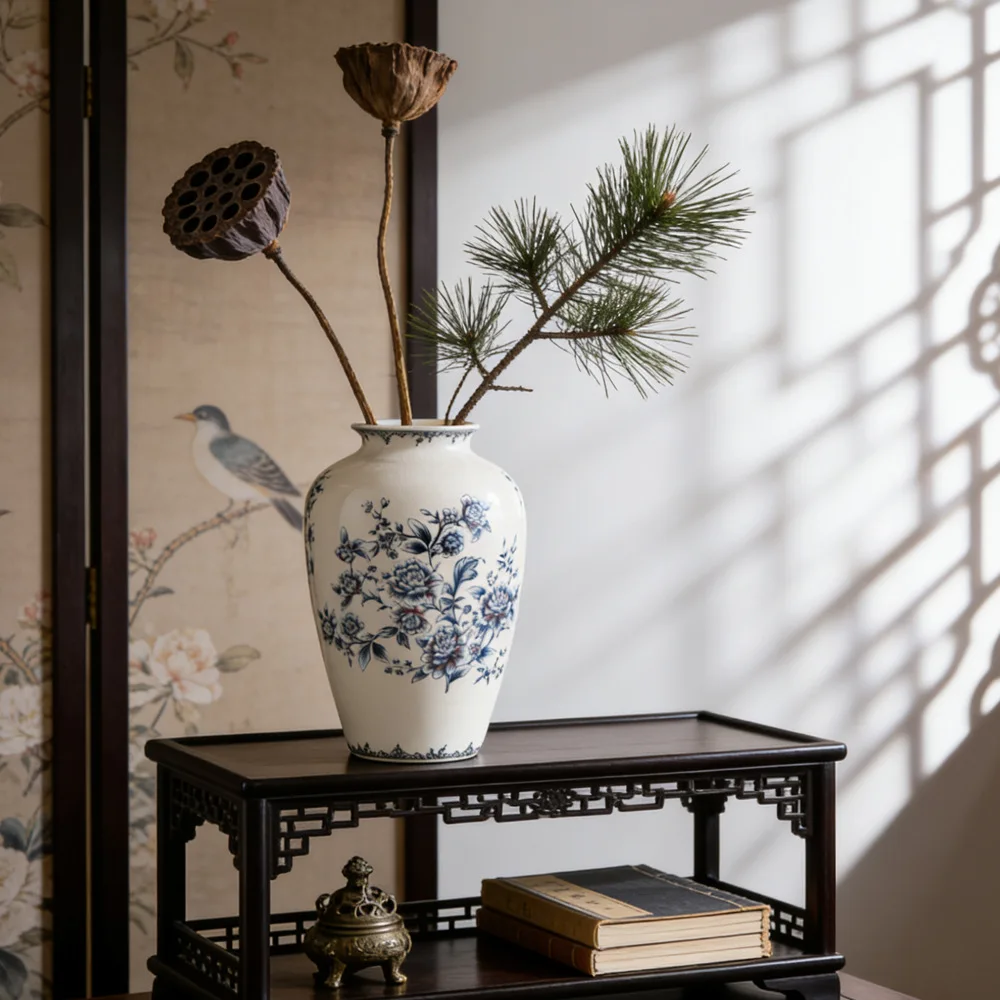 HP Retro-Keramikvase für das Wohnzimmer, neue chinesische blau-weiße Vase, Trockenblumenarrangement, hochwertige Veranda-Heimdekoration