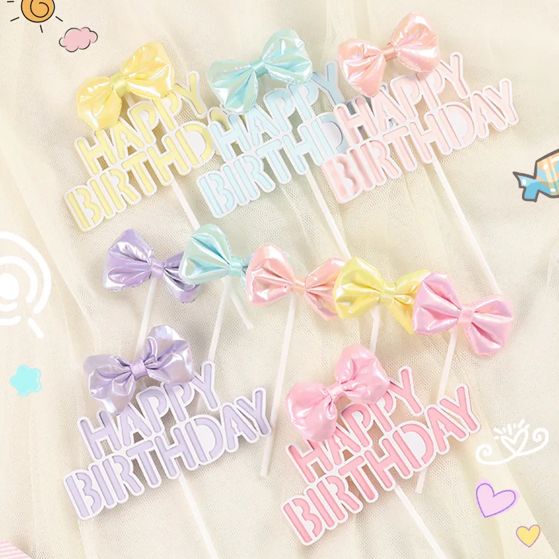 Cake Topper Flag bow-knot Happy Birthday Wedding Decoration Cupcake Toppers Baking Kids Party Baby Shower Cake Decor DIY New