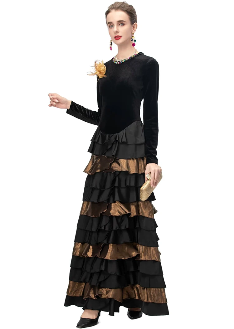 Dldenghan feminino veludo retalhos em camadas babados o pescoço manga longa maxi vestido vintage bolo estilo vestidos outono feminino