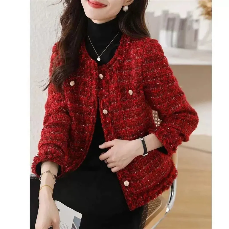 2025 New Autumn Jacket French High end Temperament Red Fragrant Coat Women Short Thick Tweed Outwear Female Cropped Jacket Tops