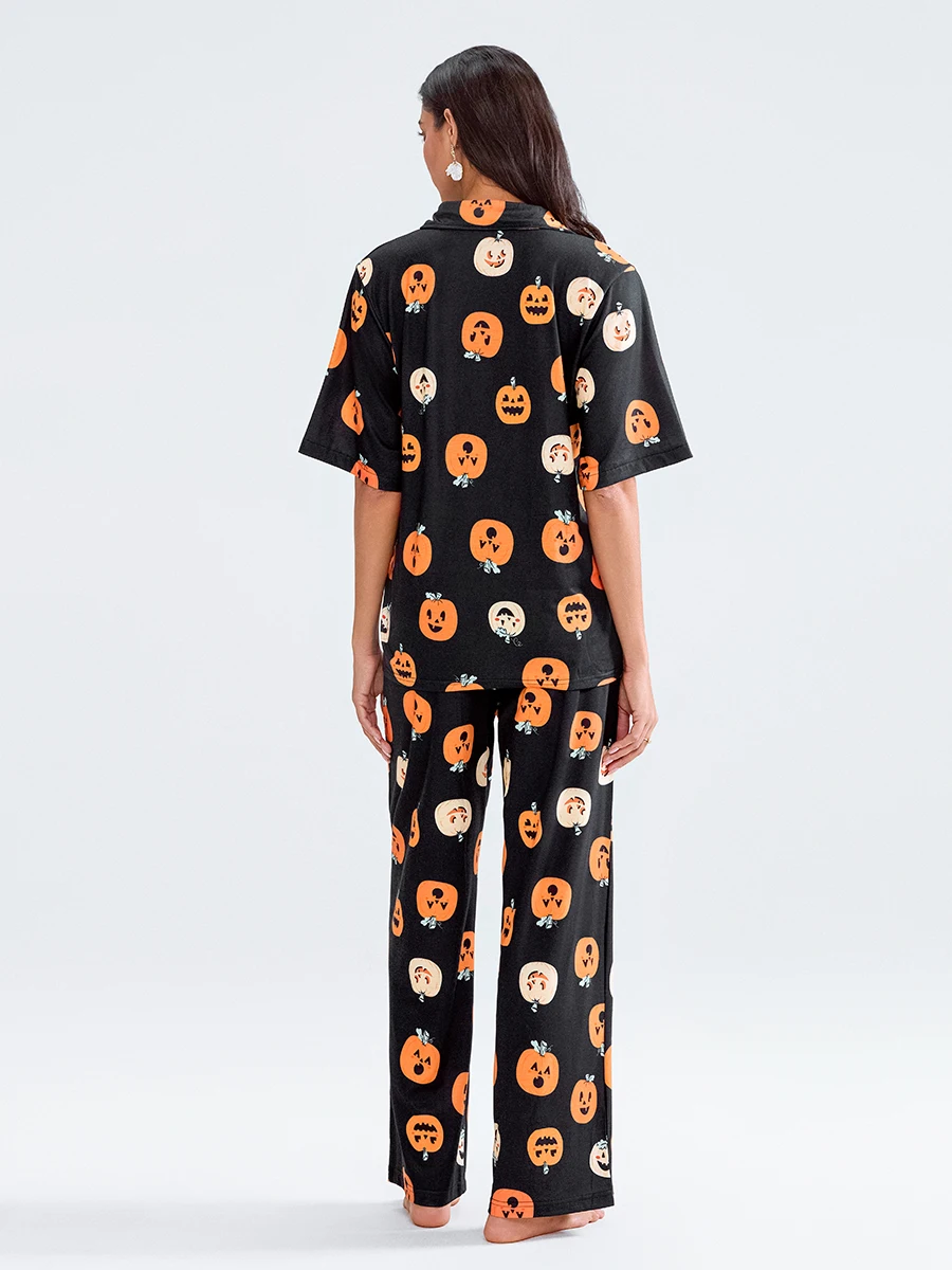 Women Halloween Pumpkin Print Lapel Collar Button Pajama Set Short Sleeve Shirt With Pants Sleepwear Loungewear Homesuits