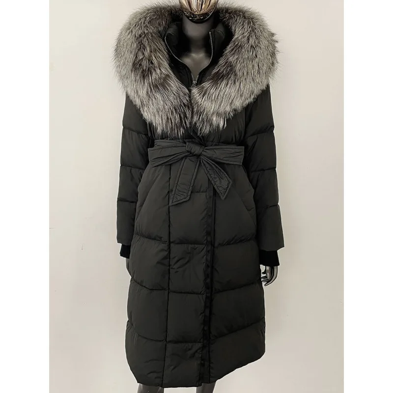 HUISONG Long Hooded Puffer Jacket Women New Winter Warm White Goose Down Jacket Women Real Fox Fur Coat Female Natural Fur Coat
