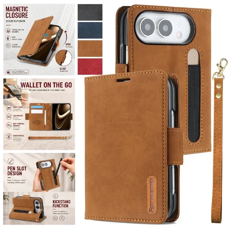 PU Leather Case For iPhone Duo Lanyard Wallet Multi Card Phone Case Wrist Rope  Magnetic Buckle Flip Purse Holder Cover Back Bag