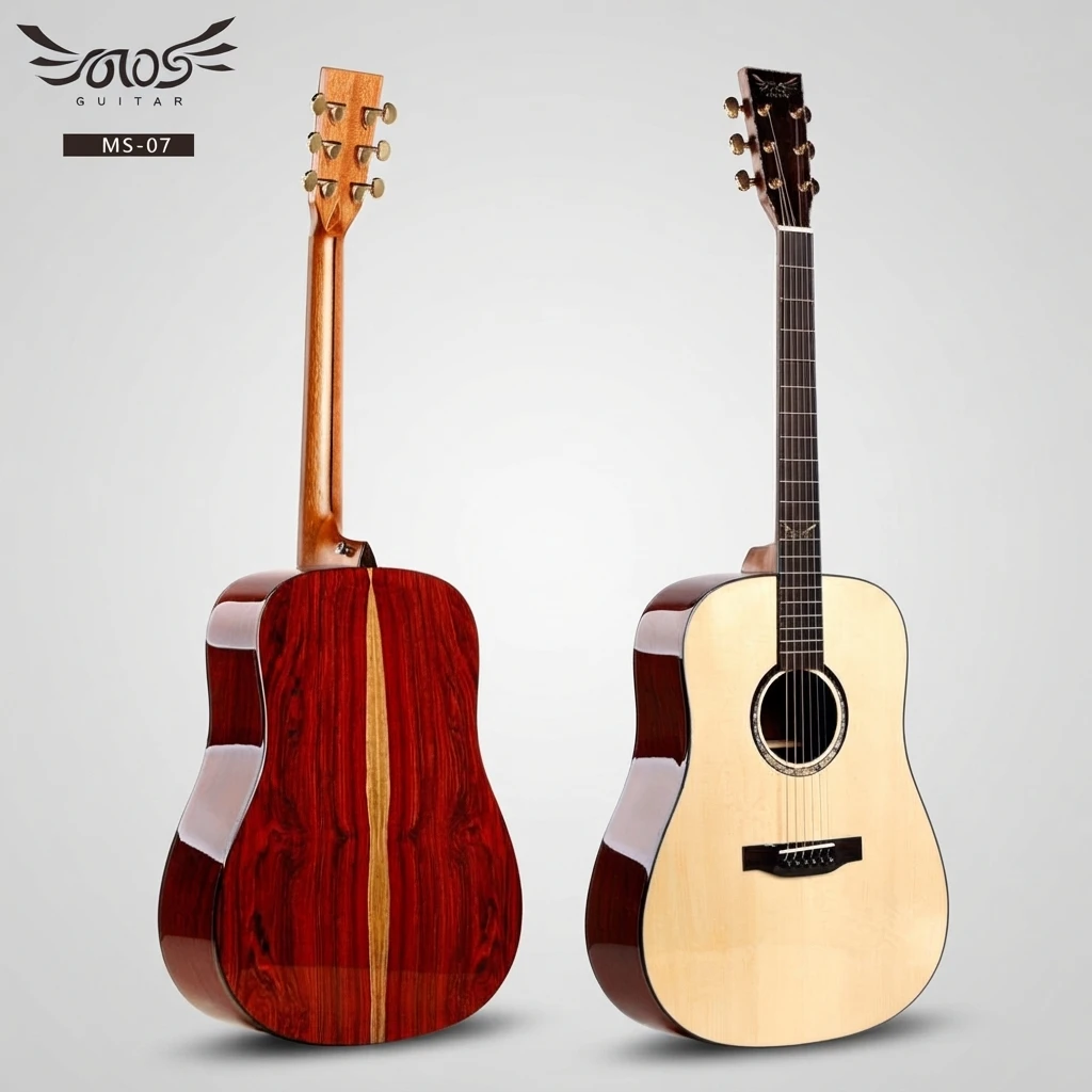 Dreadnought Round Body Acoustic Guitar Natural Gloss Top Red Back Center Stripe Gold Tuners 6 Strings for Beginners, Practice