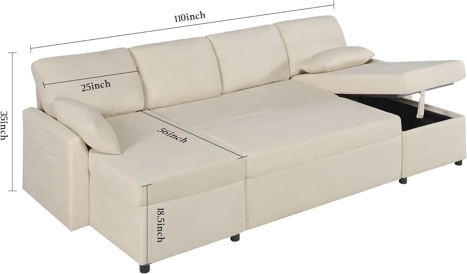 Sectional Sleeper Sofa with Double Storage Chaise for Living Room, Beige Chenille Couch