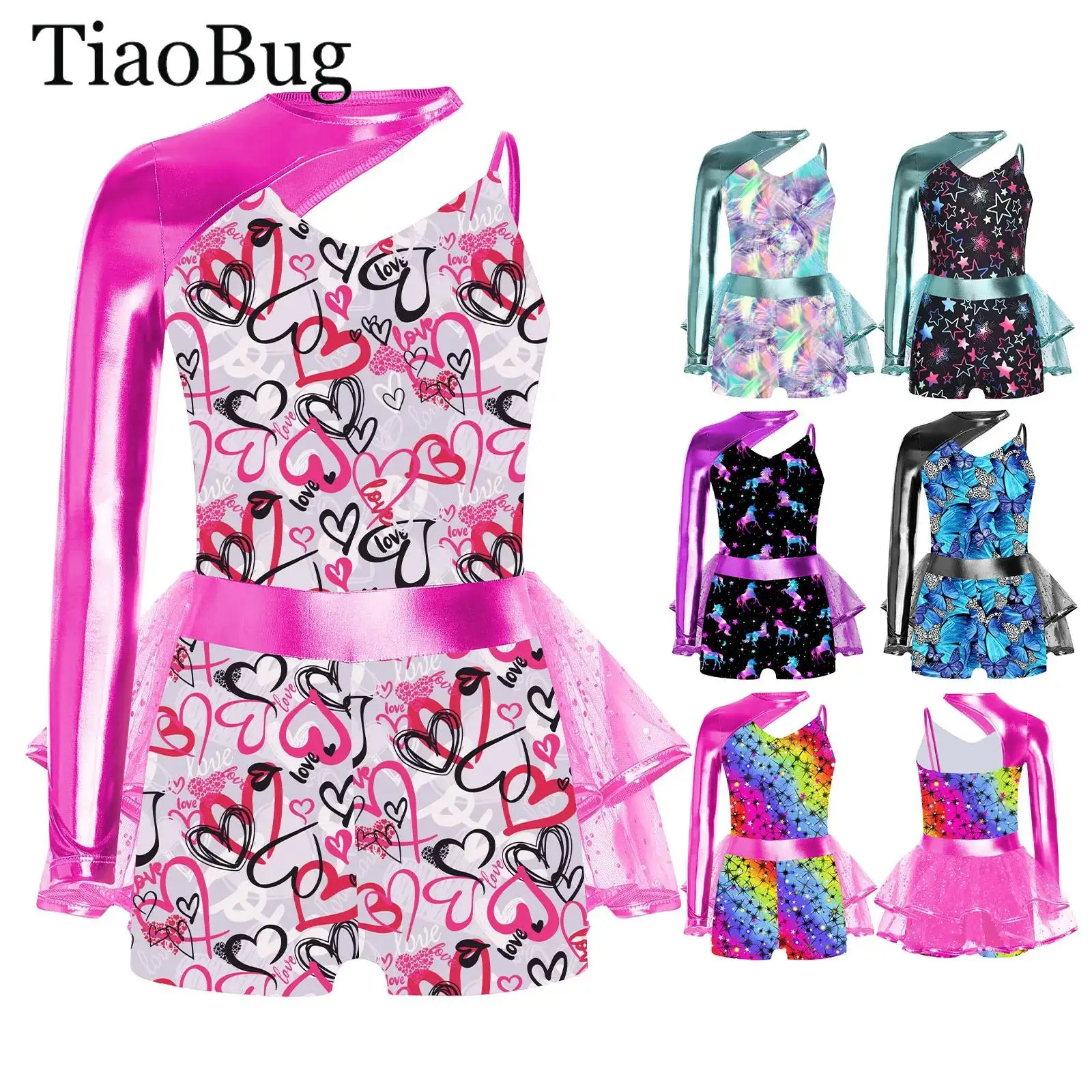 

Teen Girls Gymnastics Leotards Ice Skating Jumpsuit One Shoulder Single Long Sleeve Sequin Mesh Athletic Ballet Bodysuit Workout