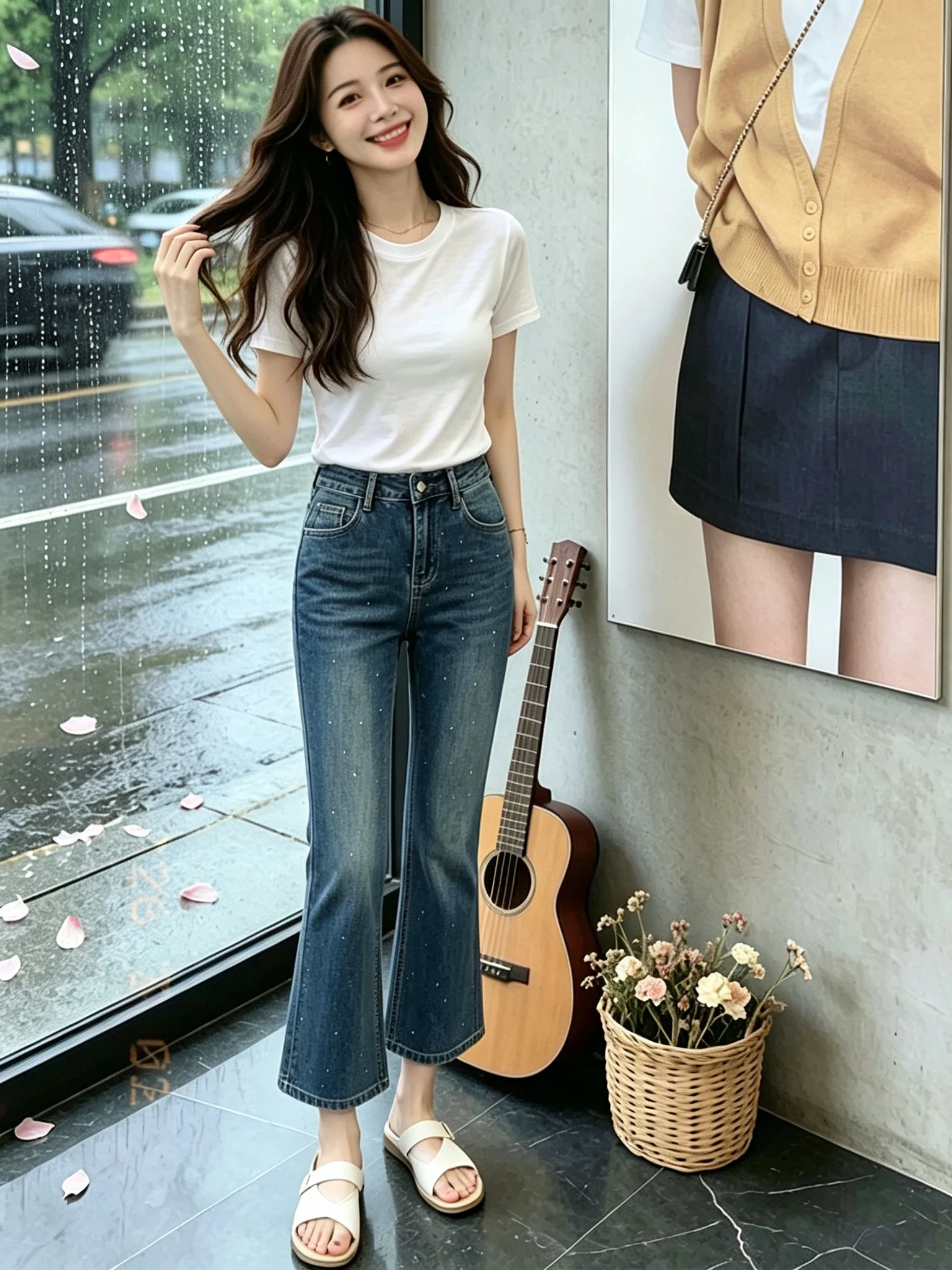 Blue Sequin Denim Jeans Women's High Waist Straight Leg Micro Flared Summer New Style Slimming Nine Point Jeans