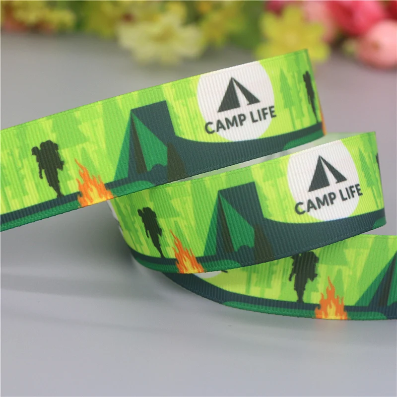 DHK 7/8\'\' 5yards Camp Life Outdoor Printed Grosgrain Ribbon Accessories Material Headwear Decoration DIY Sewing Craft C2069