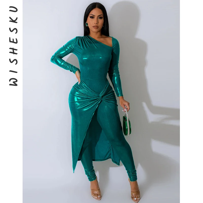 

Sexy Cut Out Candy Color Jumpsuits With Midi Skirts Women Long Sleeve Stretch Pencil Pants One Piece Rompers 2024 Spring Fall