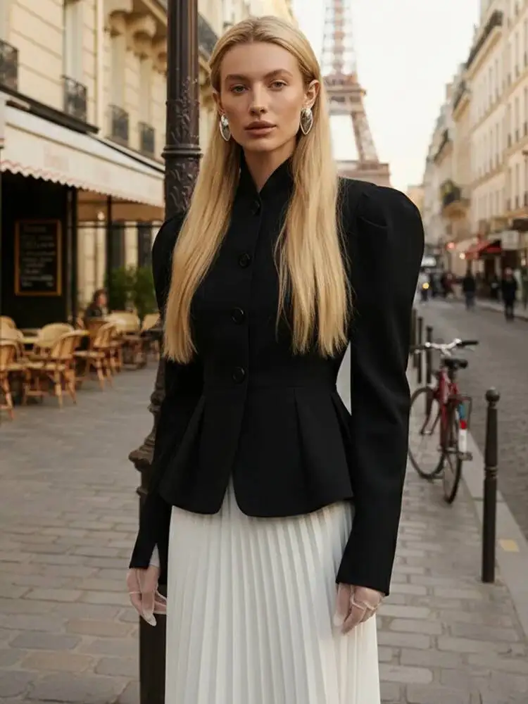 

French Retro Stand-Up Collar Black Suit Jacket 2026 Autumn/Winter Elegant Puff Sleeve Office Coat For Women Blazer
