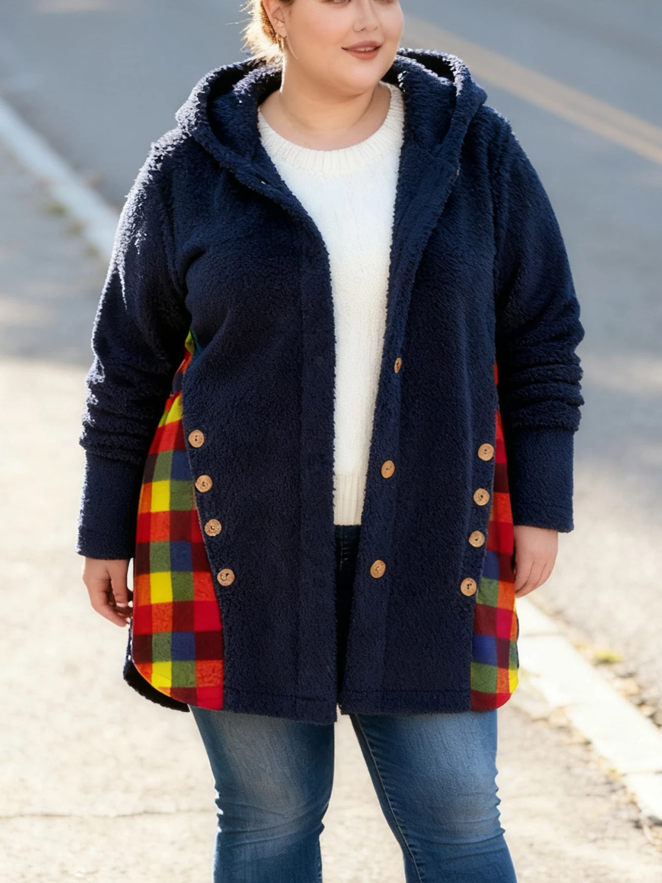 Plus Size Hooded Teddy Sherpa Fleece Coat Colorful Tartan Plaid Patchwork Wooden Button Down Mid Length Jacket Long Sleeve Overs