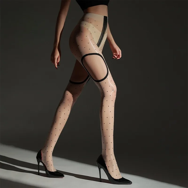 Retro Polka Dot Pantyhose Oil Shiny Tights Glossy Sheer Stockings All-Over Cut-Out Hosiery Sexy Erotic Lingerie Female Stocking