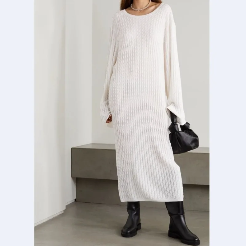 

Nordic Minimalist Loose Cable Knit Long Wool Dress for Women