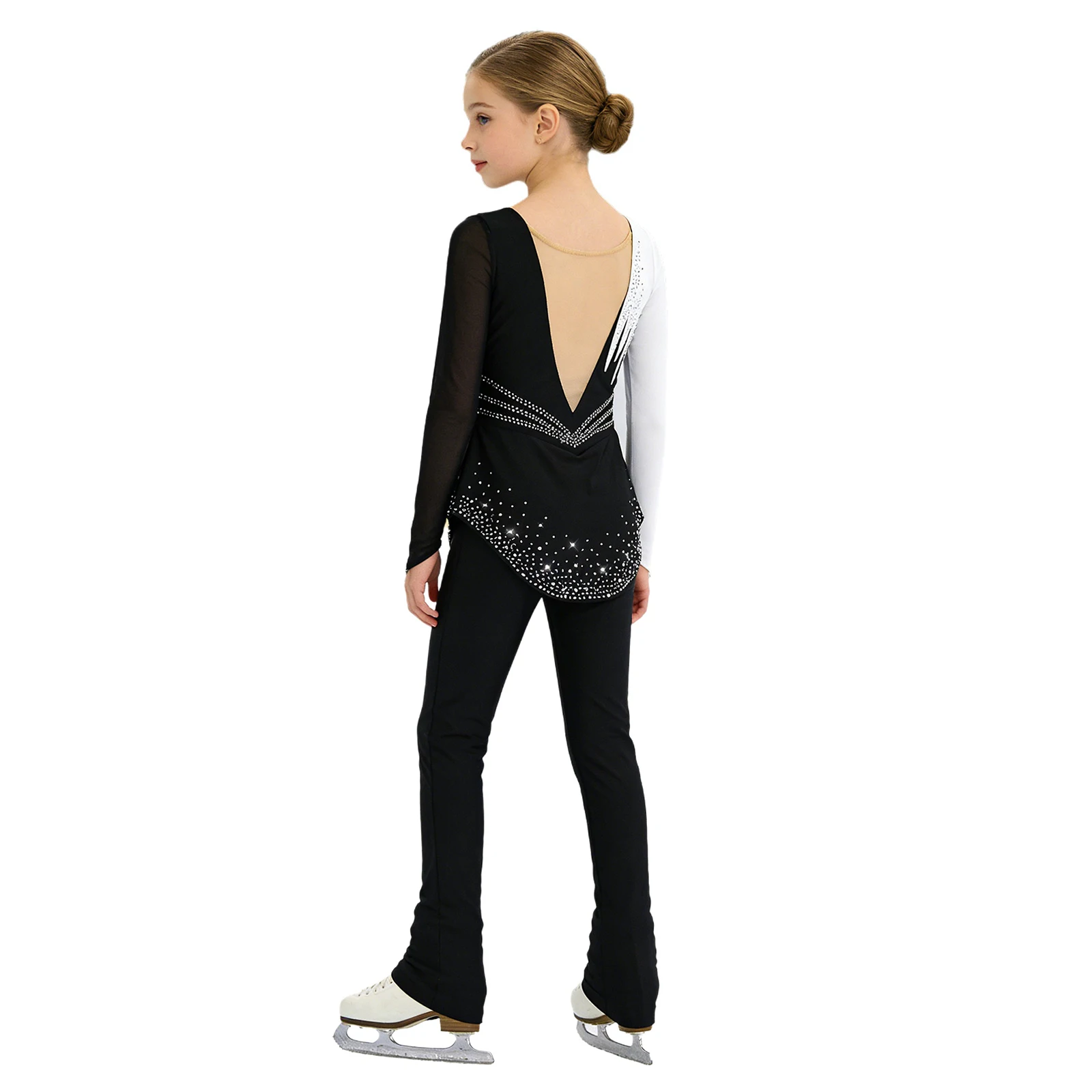 

Kids Girls Color Block Figure Skating Jumpsuit Mesh Long Sleeves Rhinestones Gymnastics Peplum Bodysuit Ballet Jersey Leotard