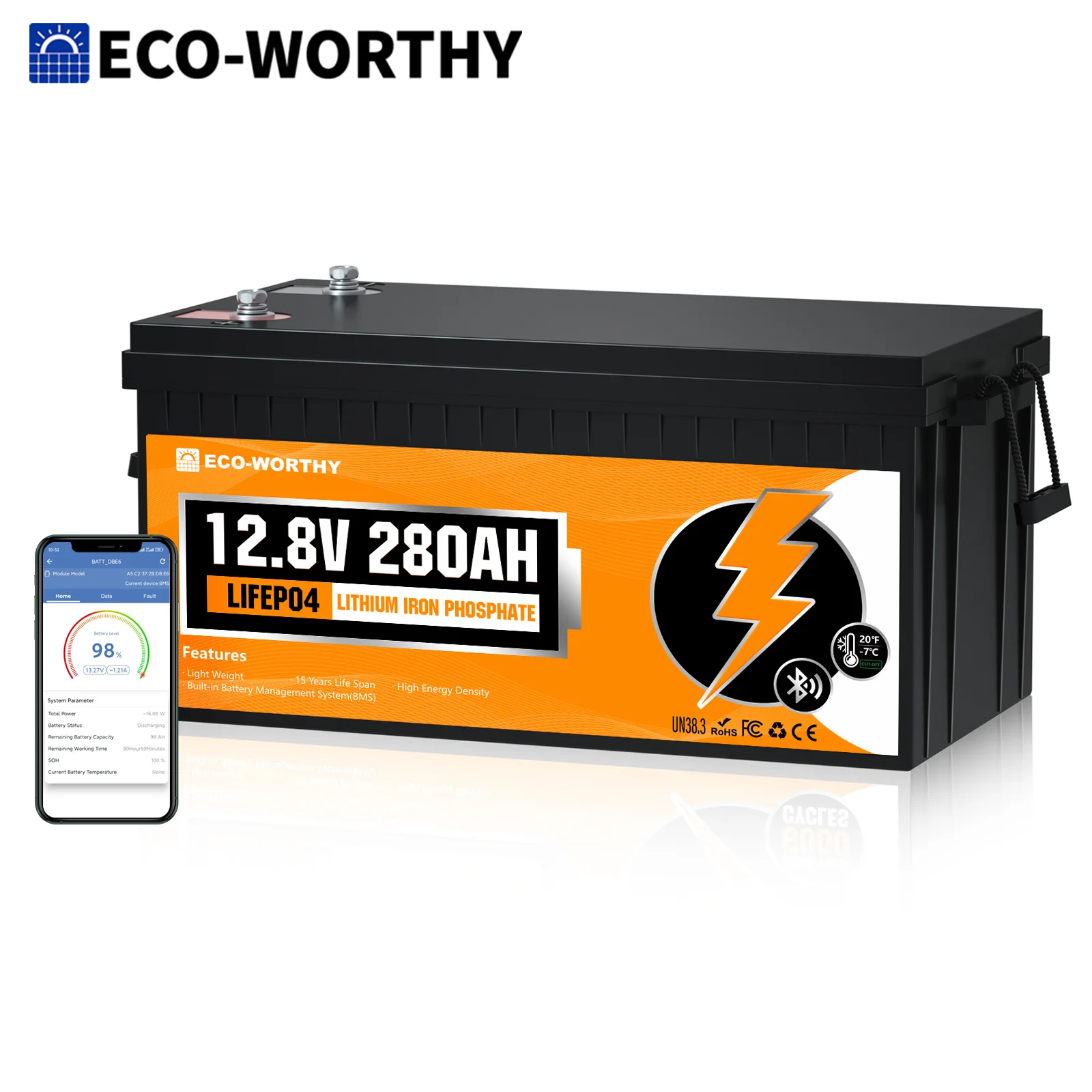 بطارية ECO-WORTHY 3584Wh 12V 280Ah LiFePO4 RV مع فتحة بلوتوث ودرجة حرارة منخفضة - مدمجة 200 أمبير BMS - دورة عميقة للتخييم والمقطورة