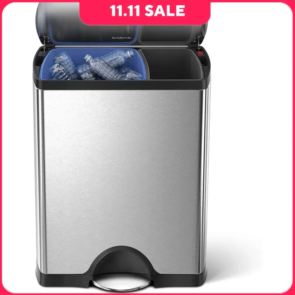 46 L Trash Can, Rectangular Dual Compartment Recycling Kitchen Step Trash Can, Brushed Stainless Steel, Trash Can