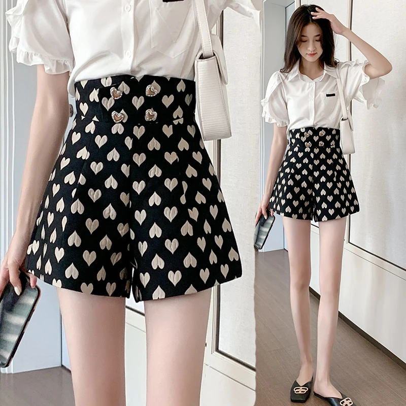 Casual Pants Love Jacquard Loose High Waist A-Line Wide-Leg Shorts 2022 Summer New Korean Fashion Women'S Clothing